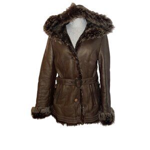 Toto Group Vintage Womens Jacket Size Small Bronze Leather Fur Lined Belted